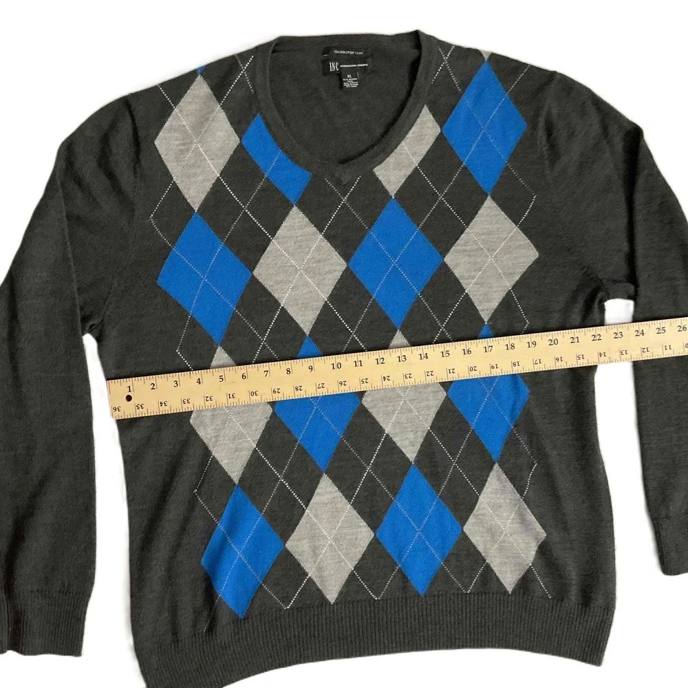 INC Grey Blue Argyle Merino Wool Crewneck Sweater Mens‎ Size XL